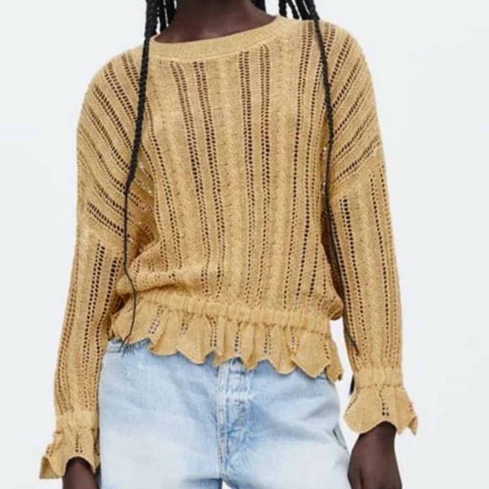 Zara Gold Ruffled Open Knit Women's Beige Sweater Size S
